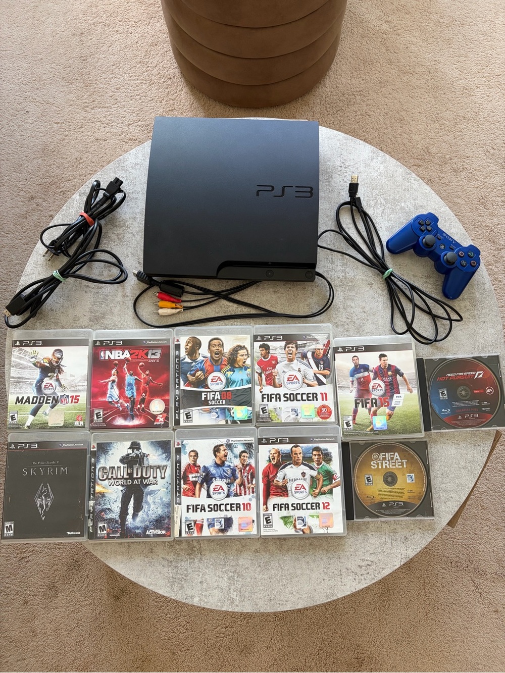 Sony PS3 Slim Black Console with Blue DualShock 3 Controller & 11 Game Bundle